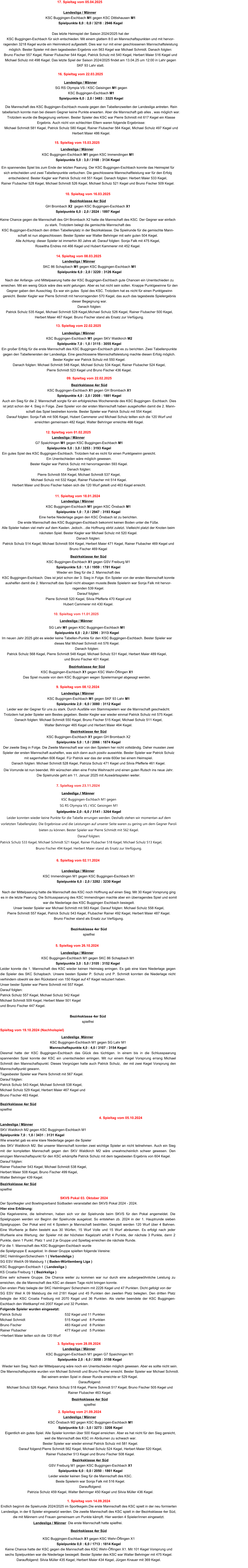 1. Spieltag vom 14.09.2024 Endlich beginnt die Spielrunde 2024/2025 im Sportkegeln.Die erste Mannschaft des KSC spielt in der neu formierten Landesliga, in der 6 Spieler eingesetzt werden. Die zweite Mannschaft des KSC spielt in der Bezirksklasse 4er Süd, die mit Männern und Frauen gemeinsam um Punkte kämpft. Hier werden 4 Spieler/innen eingesetzt.  Landesliga / Männer  Die erste Mannschaft hatte spielfrei. Bezirksklasse 4er Süd KSC Buggingen-Eschbach X1 gegen KSC Wehr-Öflingen X1  Spielpunkte 0,0 : 6,0 / 1713 : 1814 Kegel  Keine Chance hatte der KSC gegen die Mannschaft des KSC Wehr-Öflingen X1. Mit 101 Kegel Vorsprung und  sechs Spielpunkten war die Niederlage besiegelt. Bester Spieler des KSC war Walter Behringer mit 475 Kegel.  Darauffolgend: Silvia Müller 435 Kegel, Herbert Maier 434 Kegel, Jürgen Knauer mit 369 Kegel. 2. Spieltag vom 21.09.2024 Landesliga / Männer KSC Önsbach M2 gegen KSC Buggingen-Eschbach M1 Spielpunkte 5,0 : 3,0 / 3273 : 3208 Kegel  Eigentlich ein gutes Spiel. Alle Spieler konnten über 500 Kegel erreichen. Aber es hat nicht für den Sieg gereicht,  weil die Mannschaft des KSC im Abräumen zu schwach war.  Bester Spieler war wieder einmal Patrick Schulz mit 581 Kegel.  Darauf folgend:Pierre Schmidt 562 Kegel, Michael Schulz 524 Kegel, Herbert Maier 520 Kegel,  Rainer Flubacher 513 Kegel und Bruno Fischer 508 Kegel.  Bezirksklasse 4er Süd GSV Freiburg M1 gegen KSC Buggingen-Eschbach X1  Spielpunkte 6,0 : 0,0 / 2050 : 1861 Kegel  Leider wieder keinen Sieg für die Mannschaft des KSC. Beste Spielerin war Sonja Falk mit 516 Kegel.  Darauffolgend:  Patrizia Schulz 459 Kegel, Walter Behringer 450 Kegel und Silvia Müller 436 Kegel.  3. Spieltag vom 28.09.2024 Landesliga / Männer KSC Buggingen-Eschbach M1 gegen G7 Spaichingen M1  Spielpunkte 2,0 : 6,0 / 3058 : 3158 Kegel   Wieder kein Sieg. Nach der Mittelpaarung wäre noch ein Unentschieden möglich gewesen. Aber es sollte nicht sein. Die Mannschaftspunkte wurden von Michael Schmidt und Bruno Fischer erreicht. Bester Spieler war Michael Schmidt.  Bei seinem ersten Spiel in dieser Runde erreichte er 529 Kegel. Darauffolgend: Michael Schulz 526 Kegel, Patrick Schulz 518 Kegel, Pierre Schmidt 517 Kegel, Bruno Fischer 505 Kegel und  Rainer Flubacher 463 Kegel.  Bezirksklasse 4er Süd spielfrei SKVS Pokal 03. Oktober 2024 Der Sportkegler und Bowlingverband Südbaden veranstaltet den SKVS Pokal 2024 - 2024.  Hier eine Erklärung: Die Kegelvereine, die teilnehmen, haben sich vor der Spielrunde beim SKVS für den Pokal angemeldet. Die Spielgruppen werden vor Beginn der Spielrunde ausgelost. So entstehen zb. 2024 in der 1. Hauptrunde sieben Spielgruppen. Der Pokal wird mit 4 Spielern je Mannschaft bestritten. Gespielt werden 120 Wurf über 4 Bahnen. Eine Wurfserie je Bahn besteht aus 30 Würfen, 15 Wurf Volle und 15 Wurf abräumen. Es erfolgt nach jeder Wurfserie eine Wertung; der Spieler mit der höchsten Kegelzahl erhält 4 Punkte, der nächste 3 Punkte, dann 2 Punkte, dann 1 Punkt. Platz 1 und 2 je Gruppe und Spieltag erreichen die nächste Runde. Für die 1. Mannschaft des KSC Buggingen-Eschbach wurde  die Spielgruppe E ausgelost. In dieser Gruppe spielten folgende Vereine: SKC Helmlingen/Scherzheim 1 ( Verbandsliga ) SG ESV Weil/A 09 Malsburg 1 ( Baden-Württemberg Liga ) KSC Buggingen-Eschbach 1 ( Landesliga )  KS Croatia Freiburg 1 ( Bezirksliga ) Eine sehr schwere Gruppe. Die Chance weiter zu kommen war nur durch eine außergewöhnliche Leistung zu erreichen, die die Mannschaft des KSC an diesem Tage nicht bringen konnte. 	 Den ersten Platz belegte der SKC Helmlingen/ Scherzheim mit 2226 Kegel und 47 Punkten. Dicht gefolgt von der  SG ESV Weil A 09 Malsburg die mit 2181 Kegel und 45 Punkten den zweiten Platz belegten. Den dritten Platz belegte der KSC Croatia Freiburg mit 2070 Kegel und 36 Punkten. Als vierter beendete der KSC Buggingen-Eschbach den Wettkampf mit 2007 Kegel und 32 Punkten. Folgende Spieler wurden eingesetzt: Patrick Schulz	532 Kegel und 11 Punkten Michael Schmidt	515 Kegel und   8 Punkten Bruno Fischer							483 Kegel und   8 Punkten Rainer Flubacher	477 Kegel und   5 Punkten +Herbert Maier teilten sich die 120 Wurf     4. Spieltag vom 05.10.2024  Landesliga / Männer SKV Waldkirch M2 gegen KSC Buggingen-Eschbach M1  Spielpunkte 7,0 : 1,0 / 3431 : 3131 Kegel  Wie erwartet gab es eine klare Niederlage gegen die Spieler  des SKV Waldkirch M2. Bei unserer Mannschaft konnten zwei wichtige Spieler an nicht teilnehmen. Auch ein Sieg mit der kompletten Mannschaft gegen den SKV Waldkirch M2 wäre unwahrscheinlich schwer gewesen. Den einzigen Mannschaftspunkt für den KSC erkämpfte Patrick Schulz mit dem tagesbesten Ergebnis von 604 Kegel.  Darauf folgten: Rainer Flubacher 543 Kegel, Michael Schmidt 538 Kegel,  Herbert Maier 508 Kegel, Bruno Fischer 499 Kegel,  Walter Behringer 439 Kegel.  Bezirksklasse 4er Süd spielfrei Spieltag vom 19.10.2024 (Nachholspiel)  Landesliga  Männer KSC Buggingen-Eschbach M1 gegen SG Lahr M1  Mannschaftspunkte 4,0 : 4,0 / 3107 : 3154 Kegel  Diesmal hatte der KSC Buggingen-Eschbach das Glück des tüchtigen. In einem bis in die Schlusspaarung spannenden Spiel konnte der KSC ein unentschieden erringen. Mit nur einem Kegel Vorsprung errang Michael Schmidt den Mannschaftspunkt. Dieses Vergnügen hatte auch Patrick Schulz,  der mit zwei Kegel Vorsprung den Mannschaftpunkt gewann. Tagesbester Spieler war Pierre Schmidt mit 567 Kegel. Darauf folgten: Patrick Schulz 543 Kegel, Michael Schmidt 538 Kegel,   Michael Schulz 529 Kegel, Herbert Maier 467 Kegel und Bruno Fischer 463 Kegel.  Bezirksklasse 4er Süd spielfrei 5. Spieltag vom 26.10.2024  Landesliga / Männer KSC Buggingen-Eschbach M1 gegen SKC 86 Schapbach M1  Spielpunkte 3,0 : 5,0 / 3105 : 3152 Kegel  Leider konnte die 1. Mannschaft des KSC wieder keinen Heimsieg erringen. Es gab eine klare Niederlage gegen die Spieler des SKC Schapbach. Unsere besten Spieler P. Schulz und P. Schmidt konnten die Niederlage nicht verhindern obwohl sie den Rückstand von 150 Kegel auf 47 Kegel reduziert haben.  Unser bester Spieler war Pierre Schmidt mit 557 Kegel. Darauf folgten: Patrick Schulz 557 Kegel, Michael Schulz 542 Kegel Michael Schmidt 509 Kegel, Herbert Maier 501 Kegel und Bruno Fischer 447 Kegel.  Bezirksklasse 4er Süd  spielfrei 6. Spieltag vom 02.11.2024  Landesliga / Männer KSC Immendingen M1 gegen KSC Buggingen-Eschbach M1  Spielpunkte 6,0 : 2,0 / 3282 : 3230 Kegel   Nach der Mittelpaarung hatte die Mannschaft des KSC noch Hoffnung auf einen Sieg. Mit 30 Kegel Vorsprung ging es in die letzte Paarung. Die Schlusspaarung des KSC Immendingen machte aber ein überragendes Spiel und somit war die Niederlage des KSC Buggingen Eschbach besiegelt.  Unser bester Spieler war Michael Schmidt mit 583 Kegel. Darauf folgten: Michael Schulz 558 Kegel,  Pierre Schmidt 557 Kegel, Patrick Schulz 543 Kegel, Flubacher Rainer 492 Kegel, Herbert Maier 487 Kegel.  Bruno Fischer stand als Ersatz zur Verfügung.  Bezirksklasse 4er Süd  spielfrei  7. Spieltag vom 23.11.2024  Landesliga / Männer KSC Buggingen-Eschbach M1 gegen SG RS Olympia VS / KSC Geisingen M1 Spielpunkte 2,0 : 6,0 / 3141 : 3264 Kegel  Leider konnten wieder keine Punkte für die Tabelle errungen werden. Deshalb stehen wir momentan auf dem vorletzten Tabellenplatz. Die Ergebnisse und die Leistungen auf unserer Seite waren zu gering um dem Gegner Paroli bieten zu können. Bester Spieler war Pierre Schmidt mit 562 Kegel. Darauf folgten: Patrick Schulz 533 Kegel, Michael Schmidt 521 Kegel, Rainer Flubacher 518 Kegel, Michael Schulz 513 Kegel, Bruno Fischer 494 Kegel. Herbert Maier stand als Ersatz zur Verfügung. 9. Spieltag vom 08.12.2024  Landesliga / Männer KSC Buggingen-Eschbach M1 gegen SKF 93 Lahr M1  Spielpunkte 2,0 : 6,0 / 3080 : 3112 Kegel  Leider war der Gegner für uns zu stark. Durch Ausfälle von Stammspielern war die Mannschaft geschwächt. Trotzdem hat jeder Spieler sein Bestes gegeben. Bester Kegler war wieder einmal Patrick Schulz mit 575 Kegel.  Danach folgten: Michael Schmidt 550 Kegel, Bruno Fischer 515 Kegel, Michael Schulz 511 Kegel,  Walter Behringer 465 Kegel und Herbert Maier 464 Kegel.  Bezirksklasse 4er Süd KSC Buggingen-Eschbach X1 gegen GH Brombach X2  Spielpunkte 5,0 : 1,0 / 2066 : 1874 Kegel  Der zweite Sieg in Folge. Die Zweite Mannschaft war von den Spielern her nicht vollständig. Daher mussten zwei Spieler der ersten Mannschaft aushelfen, was sich dann auch positiv auswirkte. Bester Spieler war Patrick Schulz mit sagenhaften 606 Kegel. Für Patrick war das der erste 600er bei einem Heimspiel. Danach folgten: Michael Schmidt 528 Kegel, Patrizia Schulz 471 Kegel und Silvia Pfefferle 461 Kegel.  Die Vorrunde ist nun beendet. Wir wünschen allen eine Frohe Weihnacht und einen guten Rutsch ins neue Jahr. Die Spielrunde geht am 11. Januar 2025 mit Auswärtsspielen weiter. 10. Spieltag vom 11.01.2025 Landesliga / Männer SG Lahr M1 gegen KSC Buggingen-Eschbach M1  Spielpunkte 6,0 : 2,0 / 3296 : 3113 Kegel  Im neuen Jahr 2025 gibt es wieder keine Tabellen-Punkte für den KSC Buggingen-Eschbach. Bester Spieler war  dieses Mal Michael Schmidt mit 576 Kegel.  Danach folgten: Patrick Schulz 568 Kegel, Pierre Schmidt 548 Kegel, Michael Schulz 531 Kegel, Herbert Maier 489 Kegel,  und Bruno Fischer 401 Kegel.  Bezirksklasse 4er Süd KSC Buggingen-Eschbach X1 gegen KSC Wehr-Öflingen X1  Das Spiel musste von dem KSC Buggingen wegen Spielermangel abgesagt werden. 11. Spieltag vom 18.01.2024  Landesliga / Männer KSC Buggingen-Eschbach M1 gegen KSC Önsbach M1  Spielpunkte 1,0 : 7,0 / 2947 : 3193 Kegel  Eine herbe Niederlage gegen den KSC Önsbach ist zu berichten. Die erste Mannschaft des KSC Buggingen-Eschbach bekommt keinen Boden unter die Füße.  Alle Spieler haben viel mehr auf dem Kasten. Jedoch…die Hoffnung stirbt zuletzt. Vielleicht platzt der Knoten beim nächsten Spiel. Bester Kegler war Michael Schulz mit 520 Kegel.  Danach folgten: Patrick Schulz 514 Kegel, Michael Schmidt 504 Kegel, Herbert Maier 471 Kegel, Rainer Flubacher 469 Kegel und Bruno Fischer 469 Kegel   Bezirksklasse 4er Süd KSC Buggingen-Eschbach X1 gegen GSV Freiburg M1 Spielpunkte 5,0 : 1,0 / 1959 : 1781 Kegel  Wieder ein Sieg für die 2. Mannschaft des  KSC Buggingen-Eschbach. Dies ist jetzt schon der 3. Sieg in Folge. Ein Spieler von der ersten Mannschaft konnte aushelfen damit die 2. Mannschaft das Spiel nicht absagen musste.Beste Spielerin war Sonja Falk mit hervor- ragenden 539 Kegel. Darauf folgten: Pierre Schmidt 520 Kegel, Silvia Pfefferle 470 Kegel und  Hubert Cammerer mit 430 Kegel.  12. Spieltag vom 01.02.2025 Landesliga / Männer G7 Spaichingen M1 gegen KSC Buggingen-Eschbach M1  Spielpunkte 5,0 : 3,0 / 3253 : 3193 Kegel  Ein gutes Spiel des KSC Buggingen-Eschbach. Trotzdem hat es nicht für einen Punktgewinn gereicht. Ein Unentschieden wäre möglich gewesen. Bester Kegler war Patrick Schulz mit hervorragenden 593 Kegel. Danach folgten: Pierre Schmidt 554 Kegel, Michael Schmidt 537 Kegel, Michael Schulz mit 532 Kegel, Rainer Flubacher mit 514 Kegel. Herbert Maier und Bruno Fischer haben sich die 120 Wurf geteilt und 463 Kegel erreicht.    13. Spieltag vom 22.02.2025  Landesliga / Männer KSC Buggingen-Eschbach M1 gegen SKV Waldkirch M2  Spielpunkte 7,0 : 1,0 / 3115 : 3055 Kegel  Ein großer Erfolg für die erste Mannschaft des KSC Buggingen-Eschbach gibt es zu berichten. Zwei Tabellenpunkte gegen den Tabellenersten der Landesliga. Eine geschlossene Mannschaftsleistung machte diesen Erfolg möglich. Bester Kegler war Patrick Schulz mit 550 Kegel.  Danach folgten: Michael Schmidt 548 Kegel, Michael Schulz 534 Kegel, Rainer Flubacher 524 Kegel,  Pierre Schmidt 523 Kegel und Bruno Fischer 436 Kegel.  09. Spieltag vom 22.02.2025  Bezirksklasse 4er Süd KSC Buggingen-Eschbach X1 gegen GH Brombach X1 Spielpunkte 4,0 : 2,0 / 2008 : 1881 Kegel  Auch ein Sieg für die 2. Mannschaft sorgte für ein erfolgreiches Wochenende des KSC Buggingen- Eschbach. Dies ist jetzt schon der 4. Sieg in Folge. Zwei Spieler von der ersten Mannschaft haben ausgeholfen damit die 2. Mann-schaft das Spiel bestreiten konnte. Bester Spieler war Patrick Schulz mit 554 Kegel.  Darauf folgten: Sonja Falk mit 506 Kegel, Hubert Cammerer und Michael Schulz teilten sich die 120 Wurf und erreichten gemeinsam 482 Kegel, Walter Behringer erreichte 466 Kegel.  14. Spieltag vom 08.03.2025 Landesliga / Männer SKC 86 Schapbach M1 gegen KSC Buggingen-Eschbach M1  Spielpunkte 6,0 : 2,0 / 3220 : 3126 Kegel   Nach der Anfangs- und Mittelpaarung hatte der KSC Buggingen-Eschbach gute Chancen ein Unentschieden zu erreichen. Mit ein wenig Glück wäre dies wohl gelungen. Aber es hat nicht sein sollen. Knappe Punktgewinne für den Gegner gaben den Ausschlag. Es war ein gutes  Spiel des KSC. Trotzdem hat es nicht für einen Punktgewinn gereicht. Bester Kegler war Pierre Schmidt mit hervorragenden 570 Kegel, das auch das tagesbeste Spielergebnis dieser Begegnung war. Danach folgten: Patrick Schulz 535 Kegel, Michael Schmidt 528 Kegel,Michael Schulz 526 Kegel, Rainer Flubacher 500 Kegel, Herbert Maier 467 Kegel. Bruno Fischer stand als Ersatz zur Verfügung.   15. Spieltag vom 15.03.2025  Landesliga / Männer KSC Buggingen-Eschbach M1 gegen KSC Immendingen M1  Spielpunkte 5,0 : 3,0 / 3168 : 3134 Kegel   Ein spannendes Spiel bis zum Ende der letzten Paarung. Der KSC Buggingen-Eschbach konnte das Heimspiel für sich entscheiden und zwei Tabellenpunkte verbuchen. Die geschlossene Mannschaftleistung war für den Erfolg entscheidend. Bester Kegler war Patrick Schulz mit 551 Kegel. Danach folgten: Herbert Maier 533 Kegel,  Rainer Flubacher 528 Kegel, Michael Schmidt 526 Kegel, Michael Schulz 521 Kegel und Bruno Fischer 509 Kegel.  10. Spieltag vom 16.03.2025  Bezirksklasse 4er Süd GH Brombach X2  gegen KSC Buggingen-Eschbach X1  Spielpunkte 6,0 : 2,0 / 2024 : 1897 Kegel   Keine Chance gegen die Mannschaft des GH Brombach X2 hatte die Mannschaft des KSC. Der Gegner war einfach zu stark. Trotzdem belegt die gemischte Mannschaft des  KSC Buggingen-Eschbach den dritten Tabellenplatz in der Bezirksklasse. Die Spielrunde für die gemischte Mann-schaft ist nun abgeschlossen. Bester Spieler war Walter Behringer mit sehr guten 504 Kegel.  Alle Achtung: dieser Spieler ist immerhin 80 Jahre alt. Darauf folgten: Sonja Falk mit 475 Kegel,  Roswitha Endres mit 466 Kegel und Hubert Kammerer mit 452 Kegel. 16. Spieltag vom 22.03.2025  Landesliga / Männer SG RS Olympia VS / KSC Geisingen M1 gegen KSC Buggingen-Eschbach M1  Spielpunkte 6,0 : 2,0 / 3483 : 3325 Kegel   Die Mannschaft des KSC Buggingen-Eschbach musste gegen den Tabellenzweiten der Landesliga antreten. Rein tabellarisch konnte man bei diesem Gegner keine Punkte erwarten. Aber die Mannschaft gab alles , was möglich war. Trotzdem wurde die Begegnung verloren. Bester Spieler des KSC war Pierre Schmidt mit 617 Kegel ein Klasse Ergebnis. Auch nicht von schlechten Eltern waren folgende Ergebnisse:  Michael Schmidt 581 Kegel, Patrick Schulz 580 Kegel, Rainer Flubacher 564 Kegel, Michael Schulz 497 Kegel und Herbert Maier 486 Kegel.   17. Spieltag vom 05.04.2025  Landesliga / Männer KSC Buggingen-Eschbach M1 gegen KSC Dittishausen M1  Spielpunkte 8,0 : 0,0 / 3218 : 2946 Kegel  Das letzte Heimspiel der Saison 2024/2025 hat der  KSC Buggingen-Eschbach für sich entschieden. Mit einem glattem 8:0 an Mannschaftspunkten und mit hervor- ragenden 3218 Kegel wurde ein Heimrekord aufgestellt. Dies war nur mit einer geschlossenen Mannschaftsleistung möglich. Bester Spieler mit dem tagesbesten Ergebnis von 563 Kegel war Michael Schmidt. Danach folgten:  Bruno Fischer 557 Kegel, Rainer Flubacher 544 Kegel, Patrick Schulz mit 540 Kegel, Herbert Maier 516 Kegel und Michael Schulz mit 498 Kegel. Das letzte Spiel der Saison 2024/2025 findet am 13.04.25 um 12:00 in Lahr gegen  SKF 93 Lahr statt.