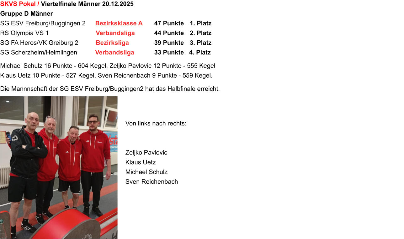 SKVS Pokal / Viertelfinale Männer 20.12.2025  Gruppe D Männer SG ESV Freiburg/Buggingen 2	Bezirksklasse A	47 Punkte 	1. Platz RS Olympia VS 1			Verbandsliga		44 Punkte 	2. Platz SG FA Heros/VK Greiburg 2		Bezirksliga			39 Punkte	3. Platz SG Scherzheim/Helmlingen		Verbandsliga		33 Punkte   4. Platz  Michael Schulz 16 Punkte - 604 Kegel, Zeljko Pavlovic 12 Punkte - 555 Kegel Klaus Uetz 10 Punkte - 527 Kegel, Sven Reichenbach 9 Punkte - 559 Kegel.   Die Mannnschaft der SG ESV Freiburg/Buggingen2 hat das Halbfinale erreicht.         Von links nach rechts:   Zeljko Pavlovic Klaus Uetz Michael Schulz Sven Reichenbach